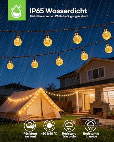 Detalle de Suright Solar-Lichterkette Außen 14 m, 60 LED – IP65, 8 Modi, warmweiß