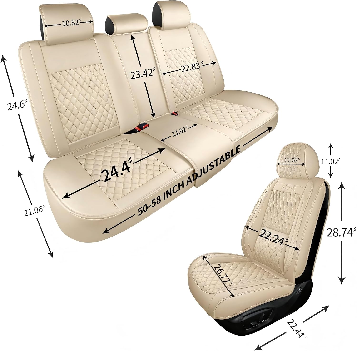 Detalle 2 de ZenRide Light Beige Thick Nappa Leather Car Seat Covers Full Set — Universal Fit, 3D Contoured, Waterproof