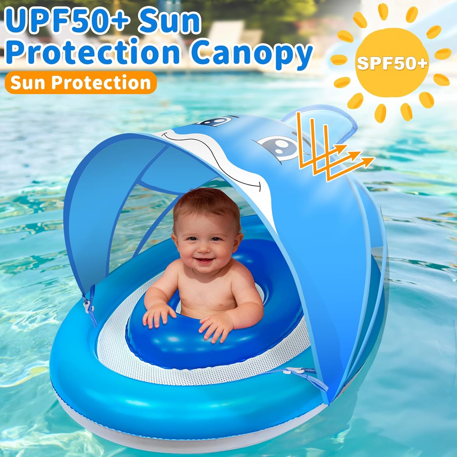 Detalle de Baby Pool Float with Canopy UPF50+ for Ages 6-36 Months: 4-Stage Canopy, Anti-Tip Seat & Dual Air Chambers