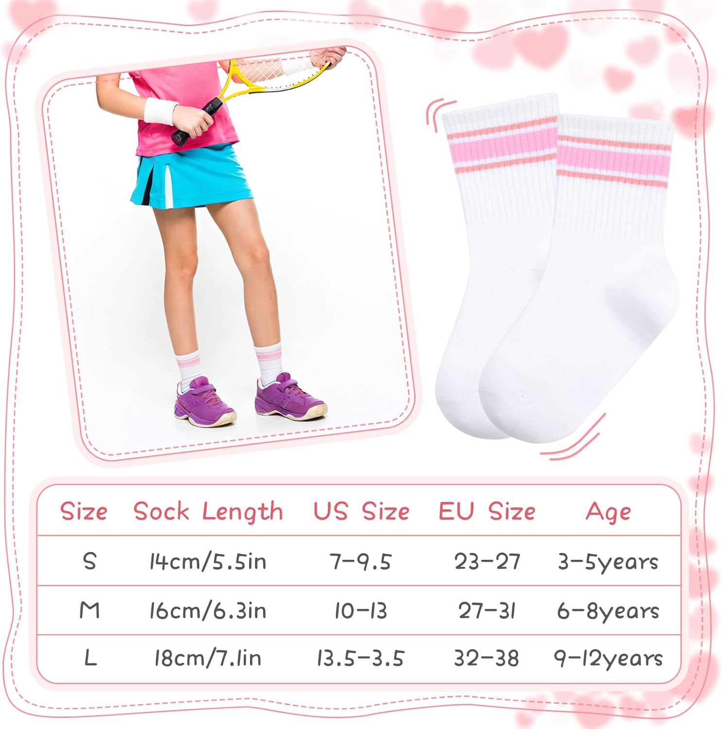Thumbnail 6 de Zuimei 6 Pairs Kids Crew Athletic Socks with Stripes, Hearts, Bow & Flower – UK Size 3-4