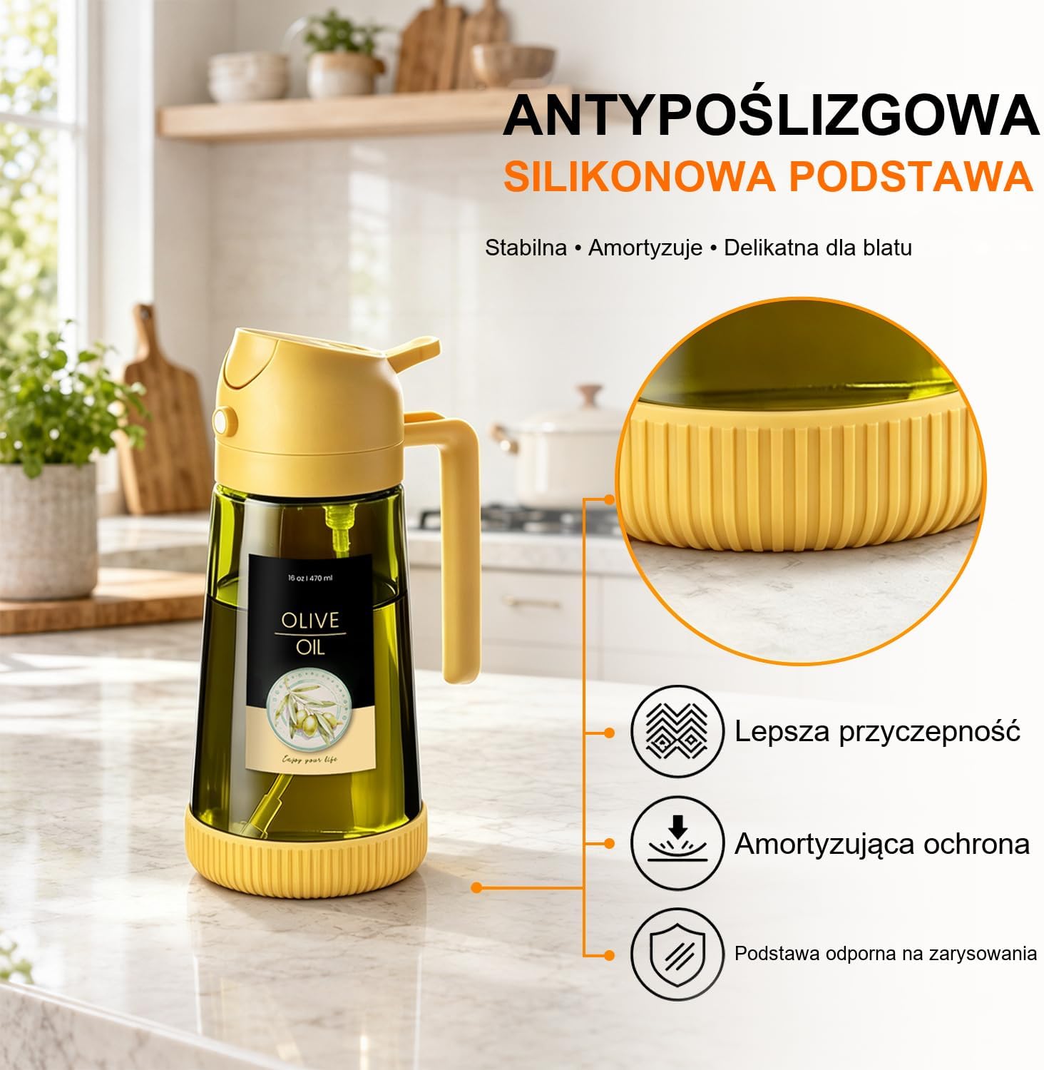 Detalle 2 de TrendPlain 2 w 1: szklana butelka na oliwę z dozownikiem i spryskiwaczem, 470 ml