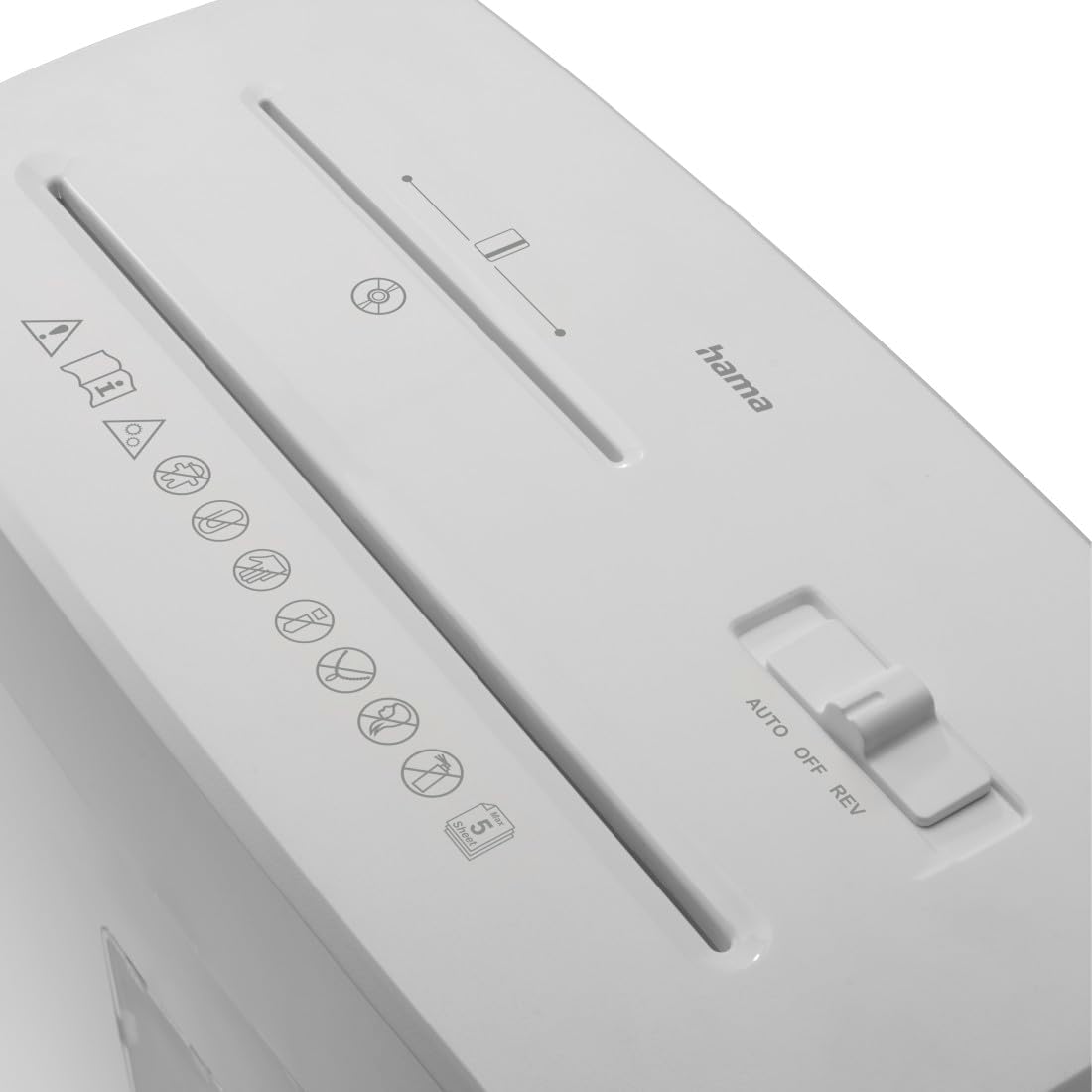 Detalle de Hama Aktenvernichter P5 T2 E2 O1 – Mikroschnitt, DSGVO-konform, 13 l Behälter, Einzug für CDs/DVDs/Plastikkarten