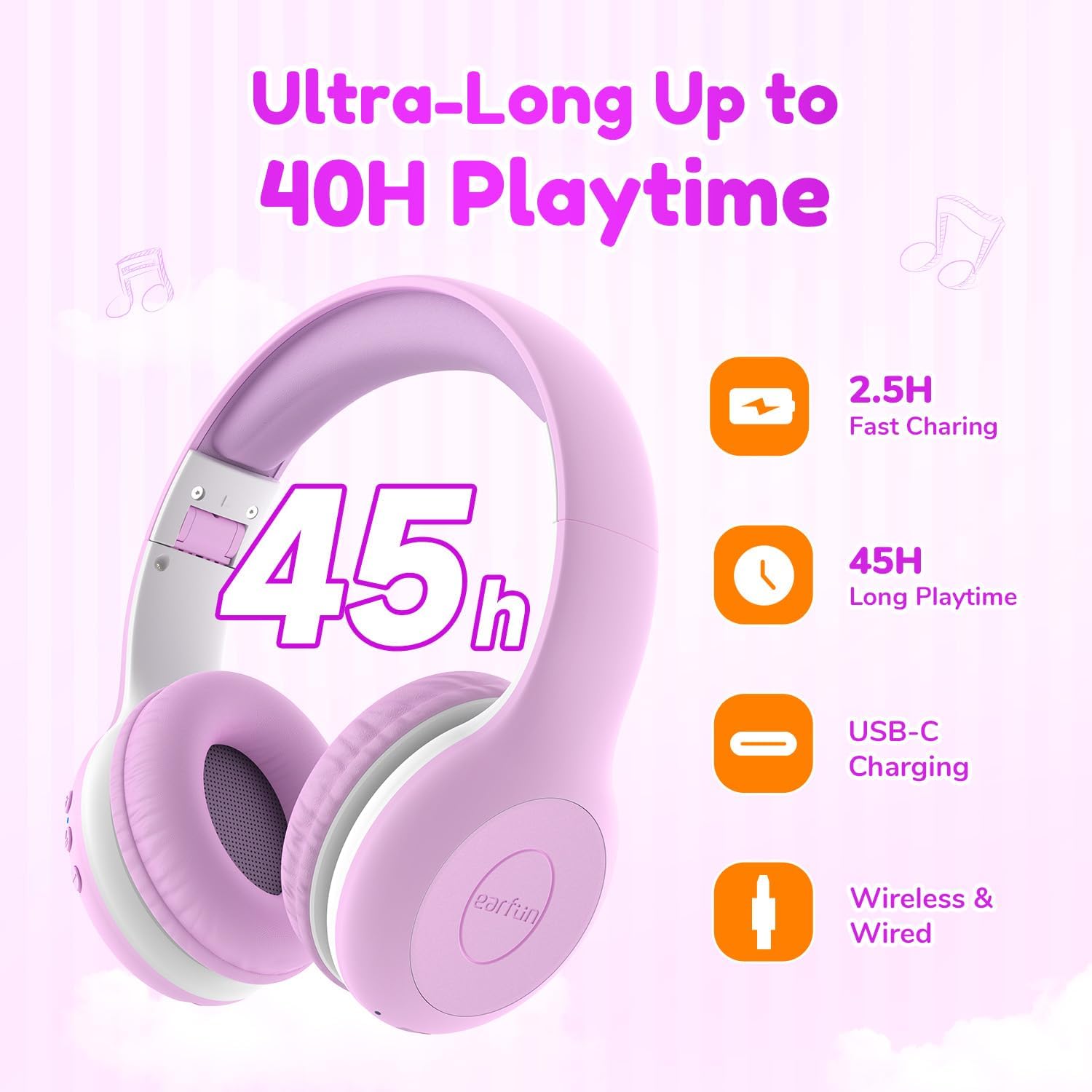 Thumbnail 2 de EarFun Bluetooth-Kopfhörer für Kinder (74/85/94 dB) mit HD-Mikrofon, 45 Std. Akku & Falt-Design, lila