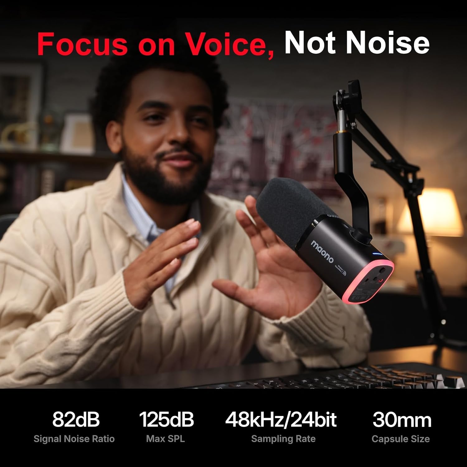 Detalle de MAONO PD100W Wireless Dynamic Gaming Microphone with USB-C, RGB and Noise Reduction
