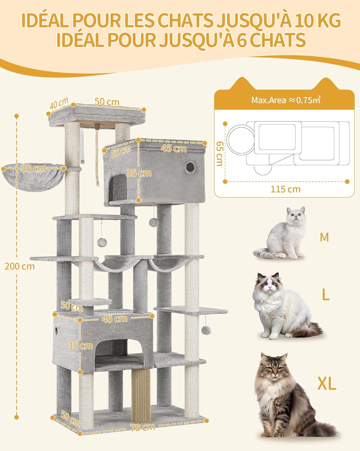 Thumbnail 2 de Hzuaneri Arbre à Chat XXL de 200 cm pour Maine Coon – 10 griffoirs, 2 hamacs et 2 niches (gris clair)