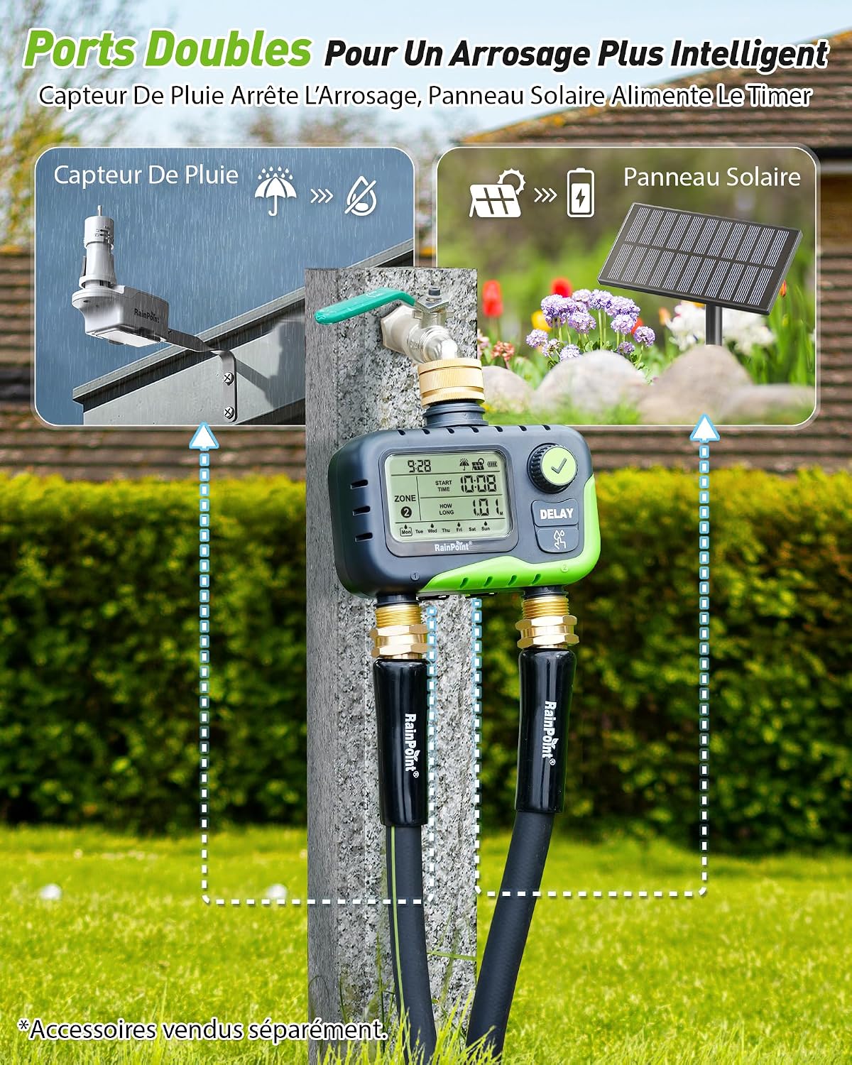 Thumbnail 3 de Programmateur d'arrosage RainPoint 2 Voies avec Grand Écran LCD – IP65, Retard Pluie et Double Port