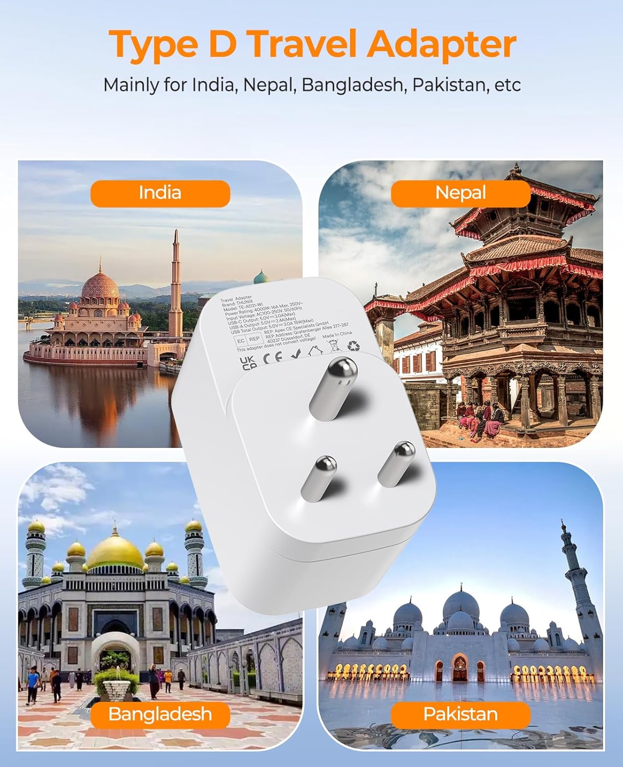 Thumbnail 3 de THUNIX Adaptateur voyage France vers Inde 4 en 1 avec 3 USB (2 Type C) et prise Type D