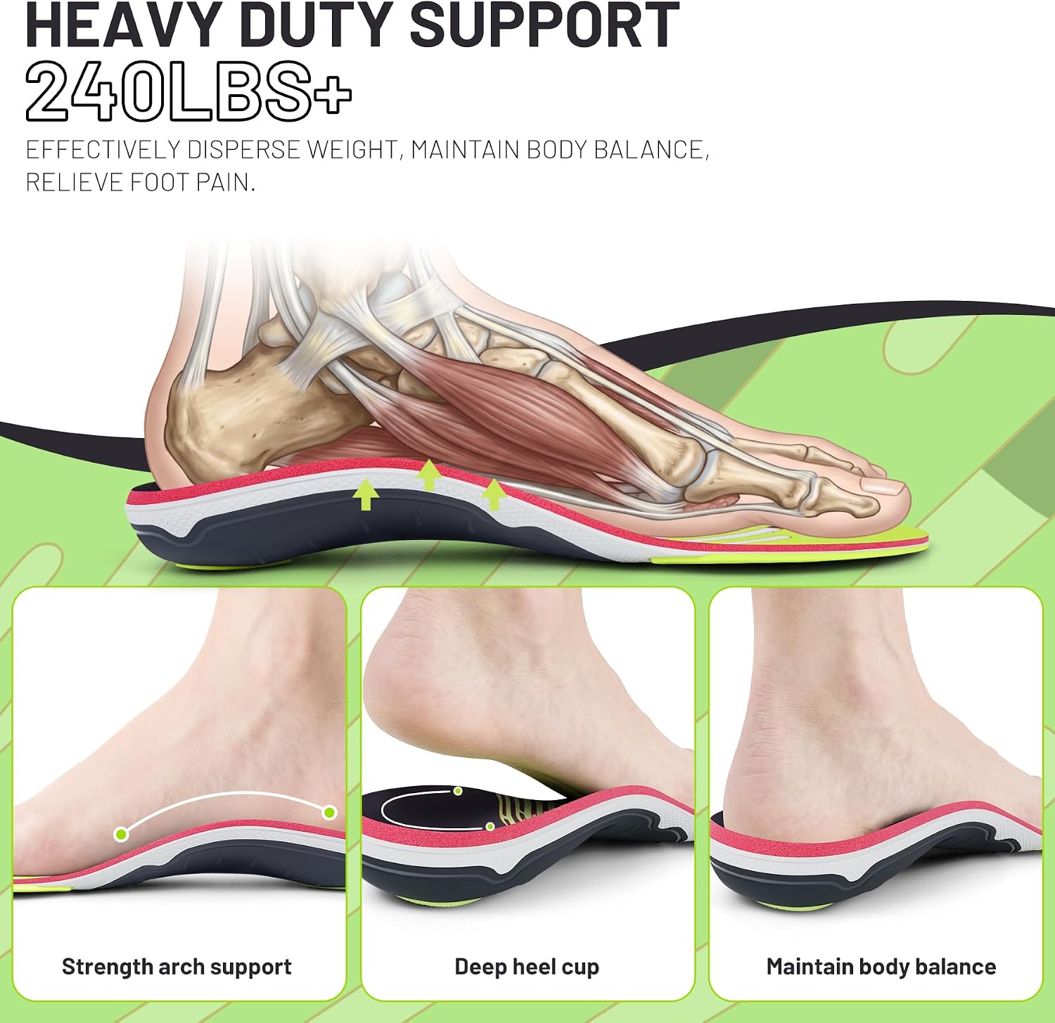 Detalle de ORHILYA 127G2 Arch Support Insoles, Size 11, 36 mm Arch, Deep Heel Cup