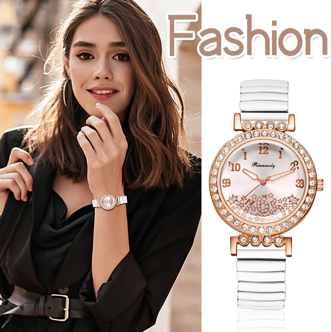 Detalle de Avaner Damenuhr Elastisch Diamantuhr mit Roségold-Optik – Zirkonia, Arabische Ziffern, Quarz, Edelstahlband