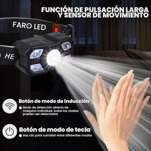 Detalle de Yuxava linterna frontal LED recargable, pack de 2, con sensor e IPX5