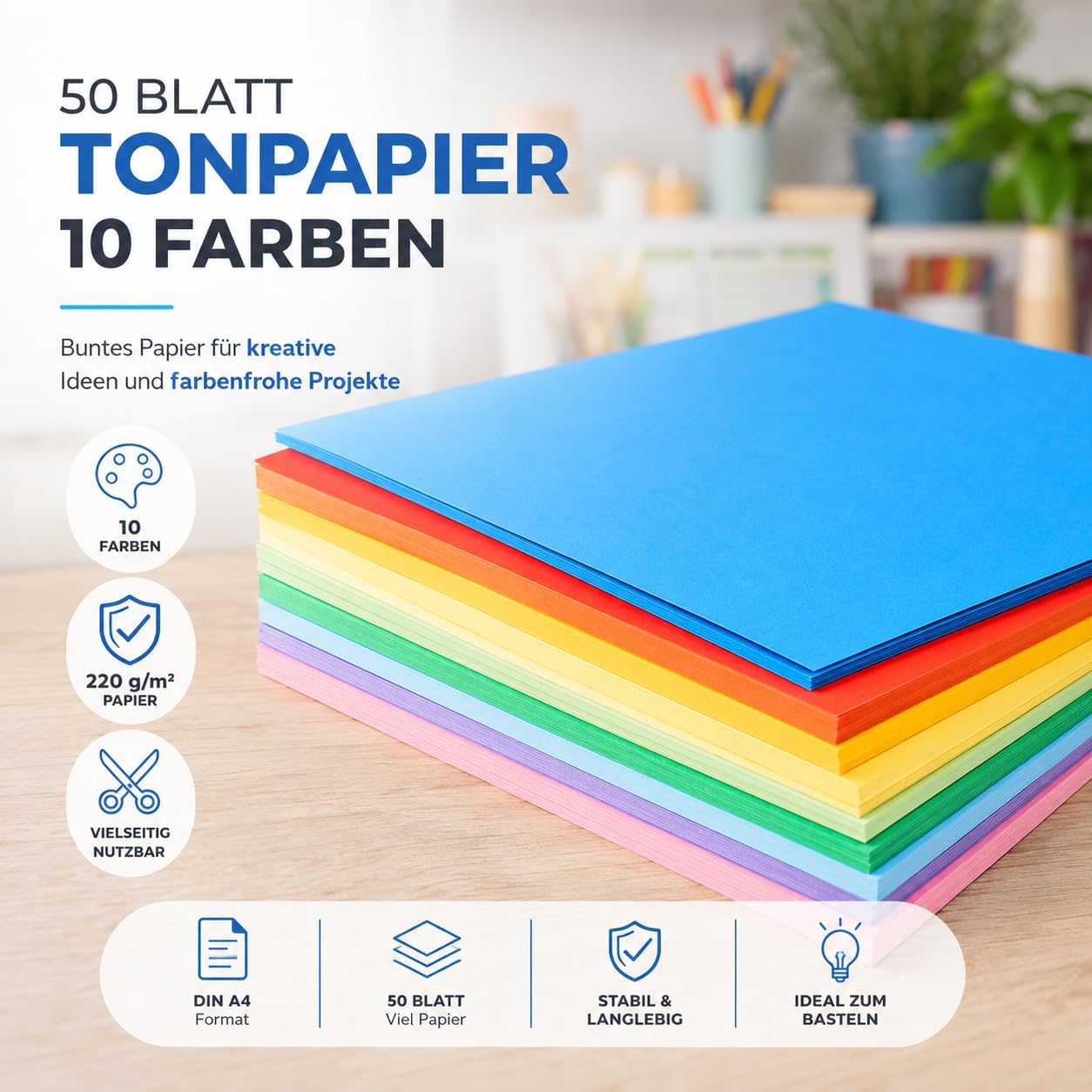 Thumbnail 1 de 50 Blatt A4 Tonpapier 220 g/m² in 10 Farben – Bastelpapier & Tonkarton