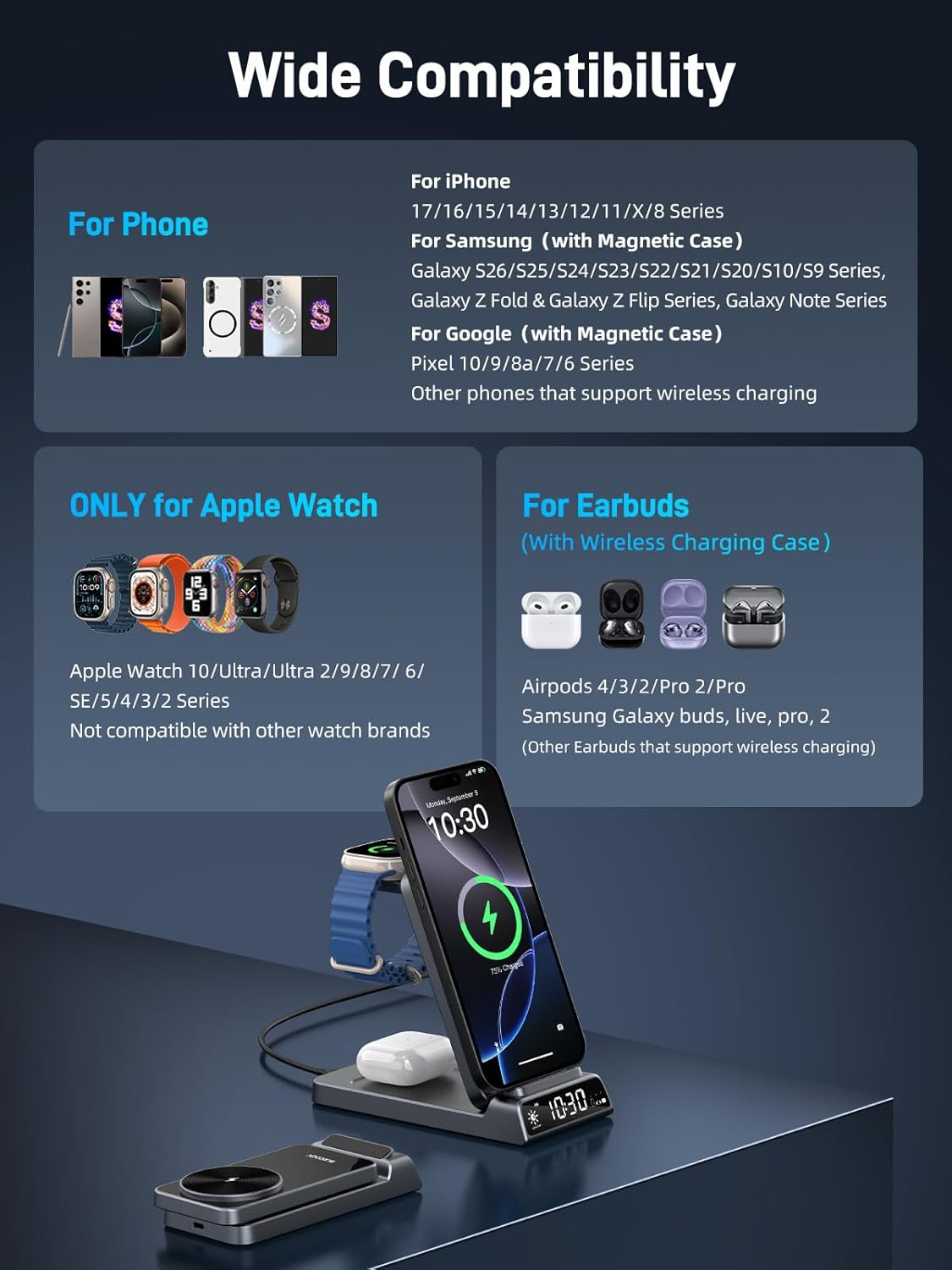 Thumbnail 1 de Elecdov Station de charge magnétique sans fil 3 en 1 avec horloge (pliante, compatible Apple) — Chargeur iPhone, Apple Watch et iWatch 10