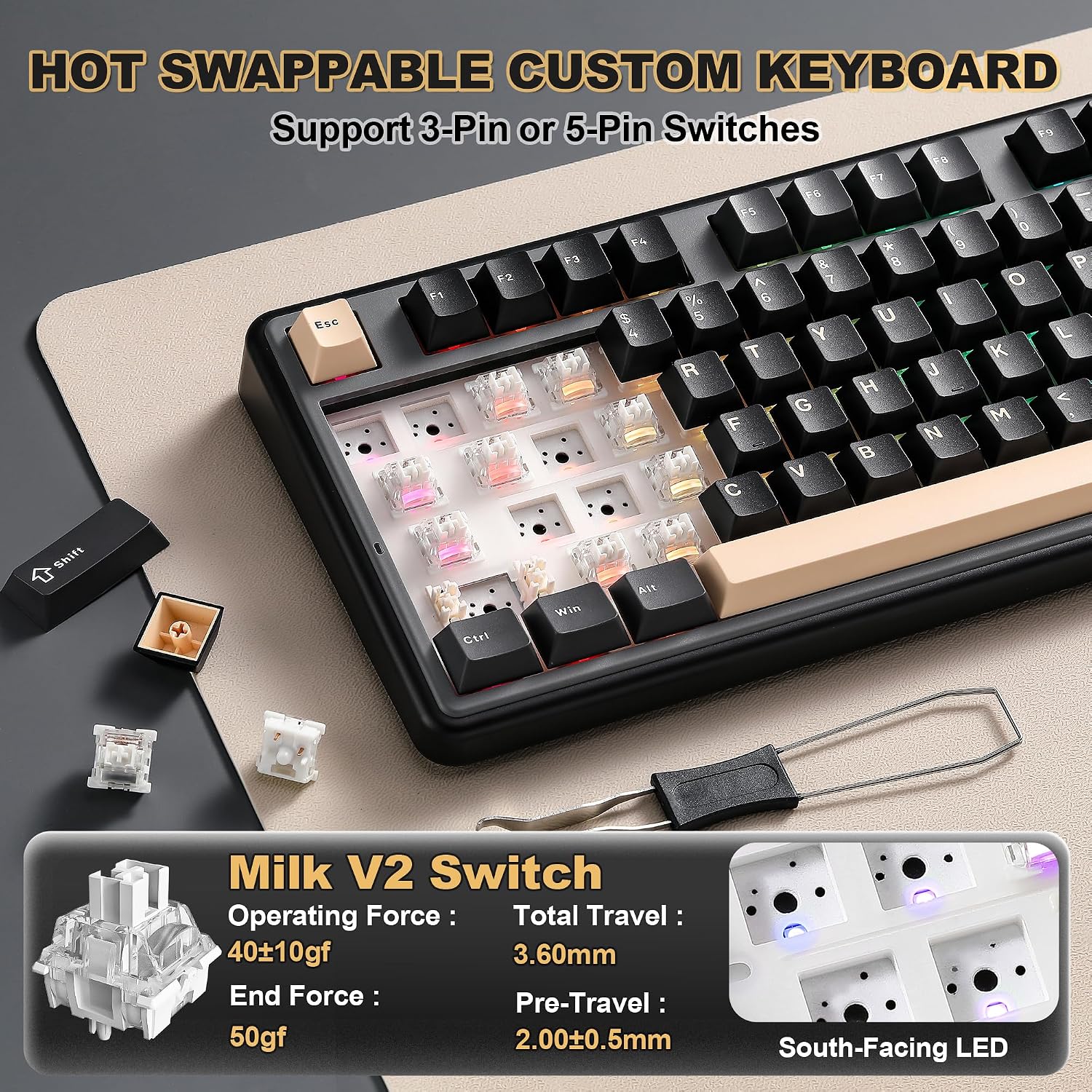 Detalle de YUNZII B98 PRO QMK/VIA Wireless Mechanical Gaming Keyboard: 96% Layout with Numpad, Dual-Style Cat/Metal Knob and Hot-Swappable GPIO