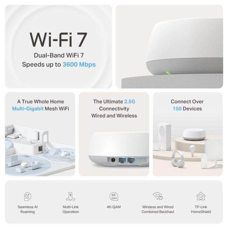 Detalle de TP-Link Deco BE25 Pack triple Mesh Wi‑Fi 7 BE3600 con 2.5G por nodo