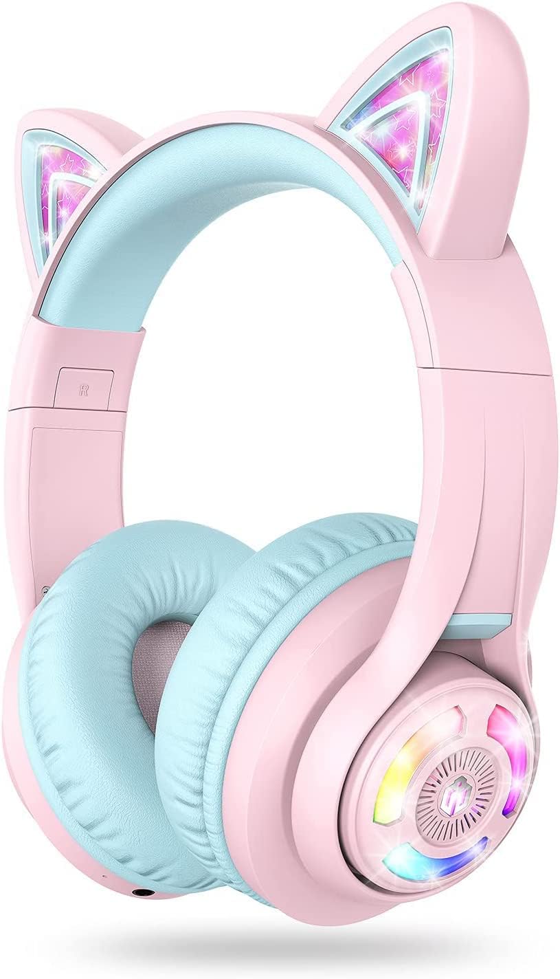 Detalle de iClever Bluetooth Kopfhörer Kinder mit Katzenohr-LED, MIC und 3,5-mm-Kabel (BTH13, 50 Std. Spielzeit)