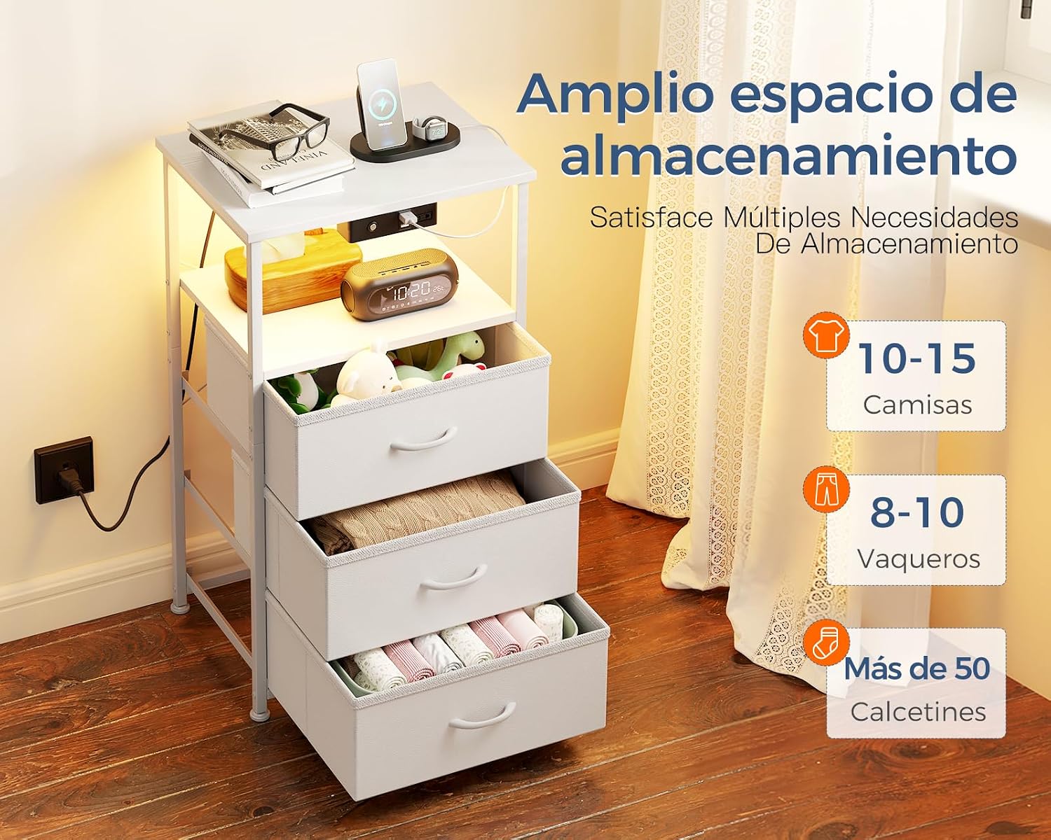 Thumbnail 5 de Coleshome Mesita de noche con USB y LED 40x30x70 cm