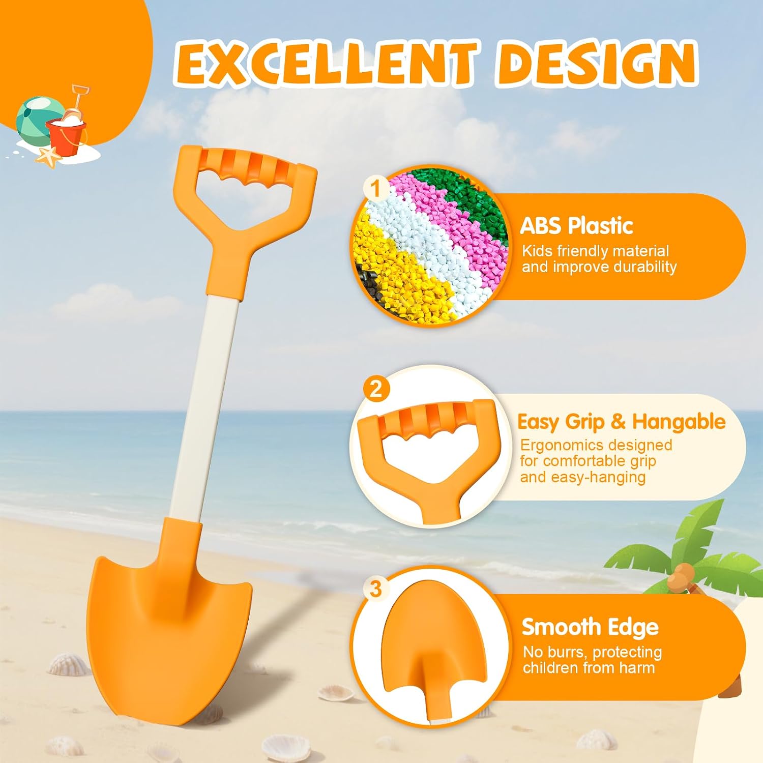 Detalle de QINGLER 20” Long Sand Beach Shovels for Kids (2-Pack) — Heavy-Duty Plastic Shovel Tools for Sandbox, Garden, Snow Play