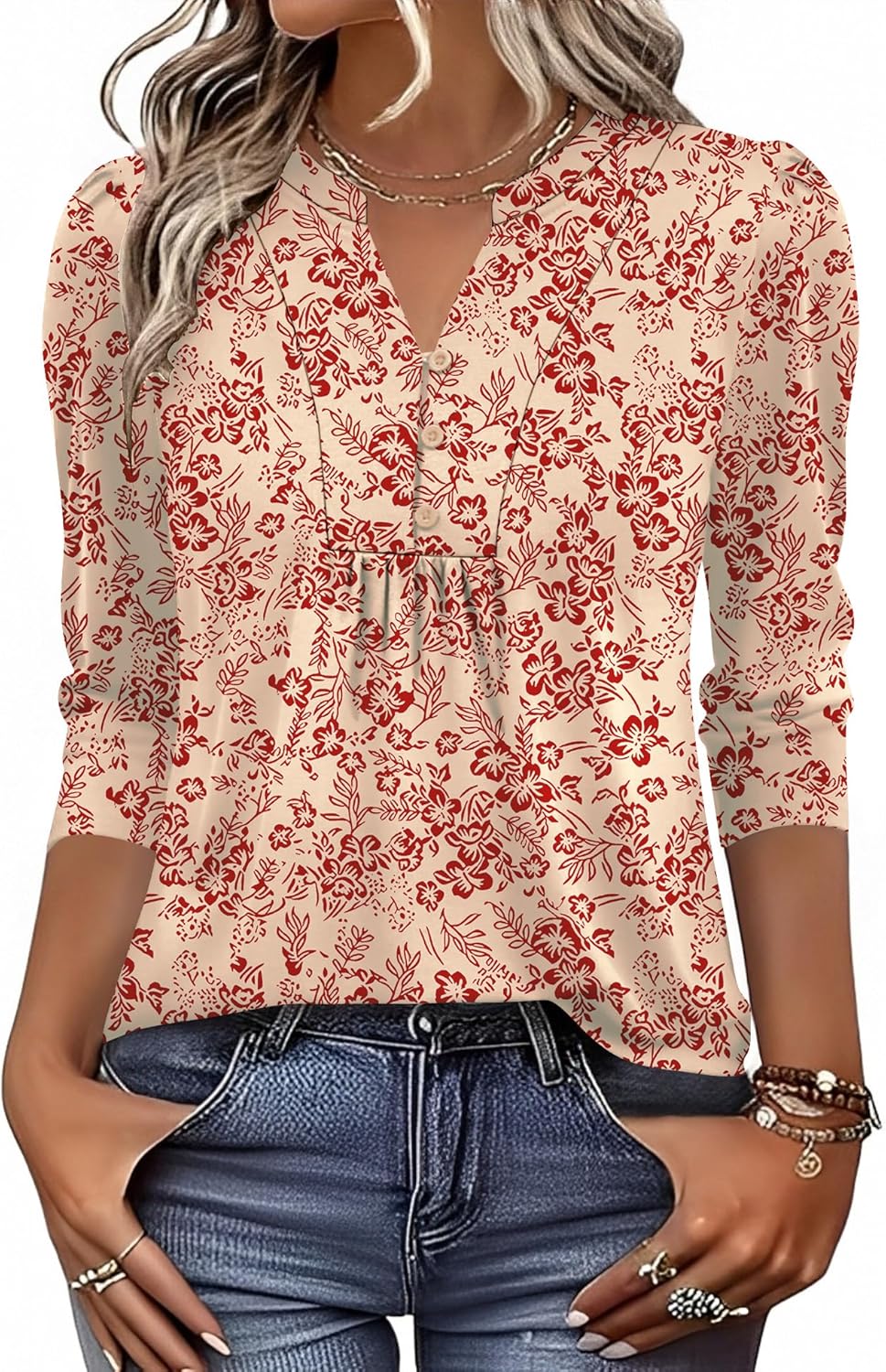 Thumbnail 1 de IECCP 3/4 Length Sleeve Dressy Casual Henley V-Neck Top for Women