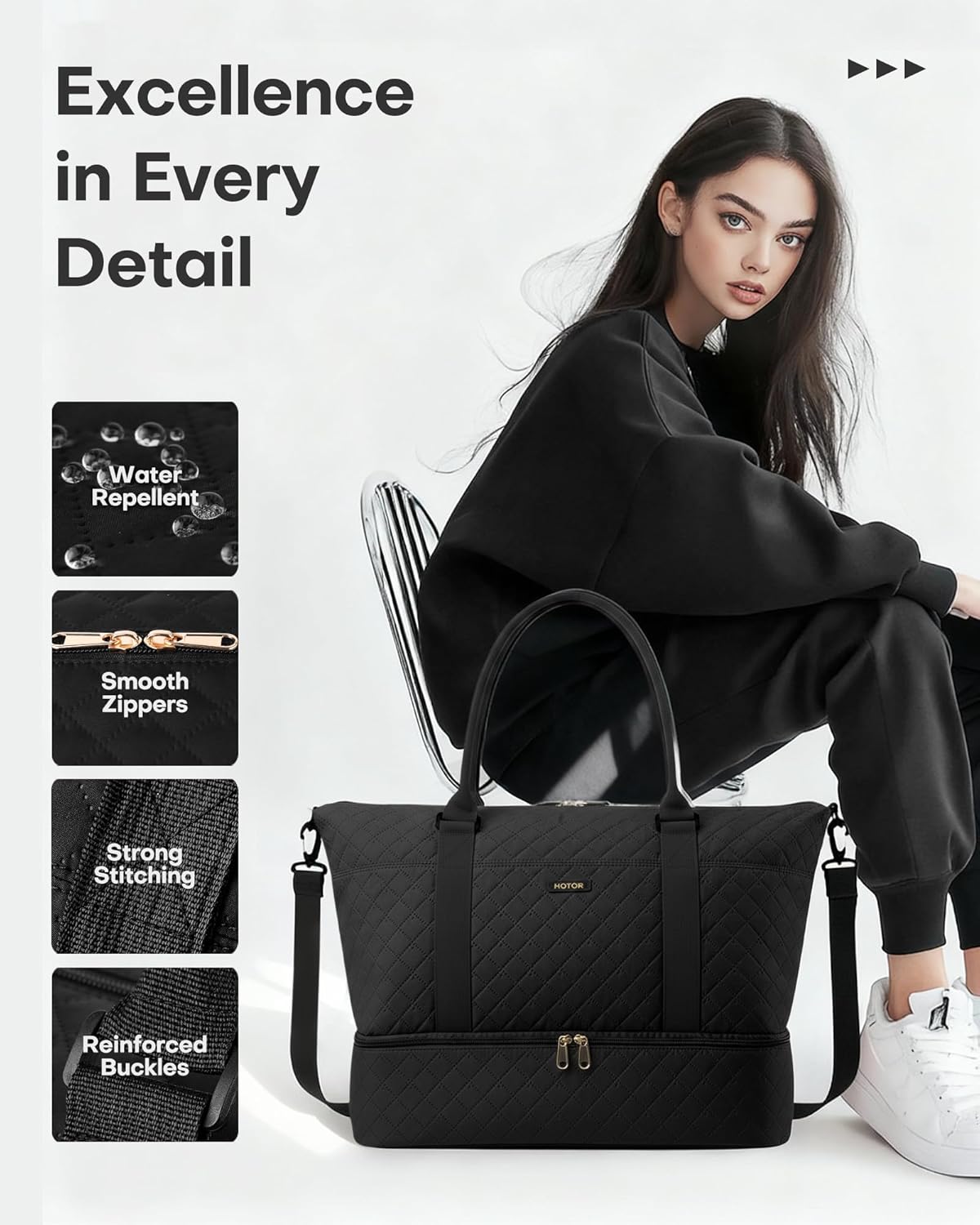 Thumbnail 5 de HOTOR women’s lightweight travel holdall with shoe compartment and toiletry bag, black (34 x 45 x 20 cm)