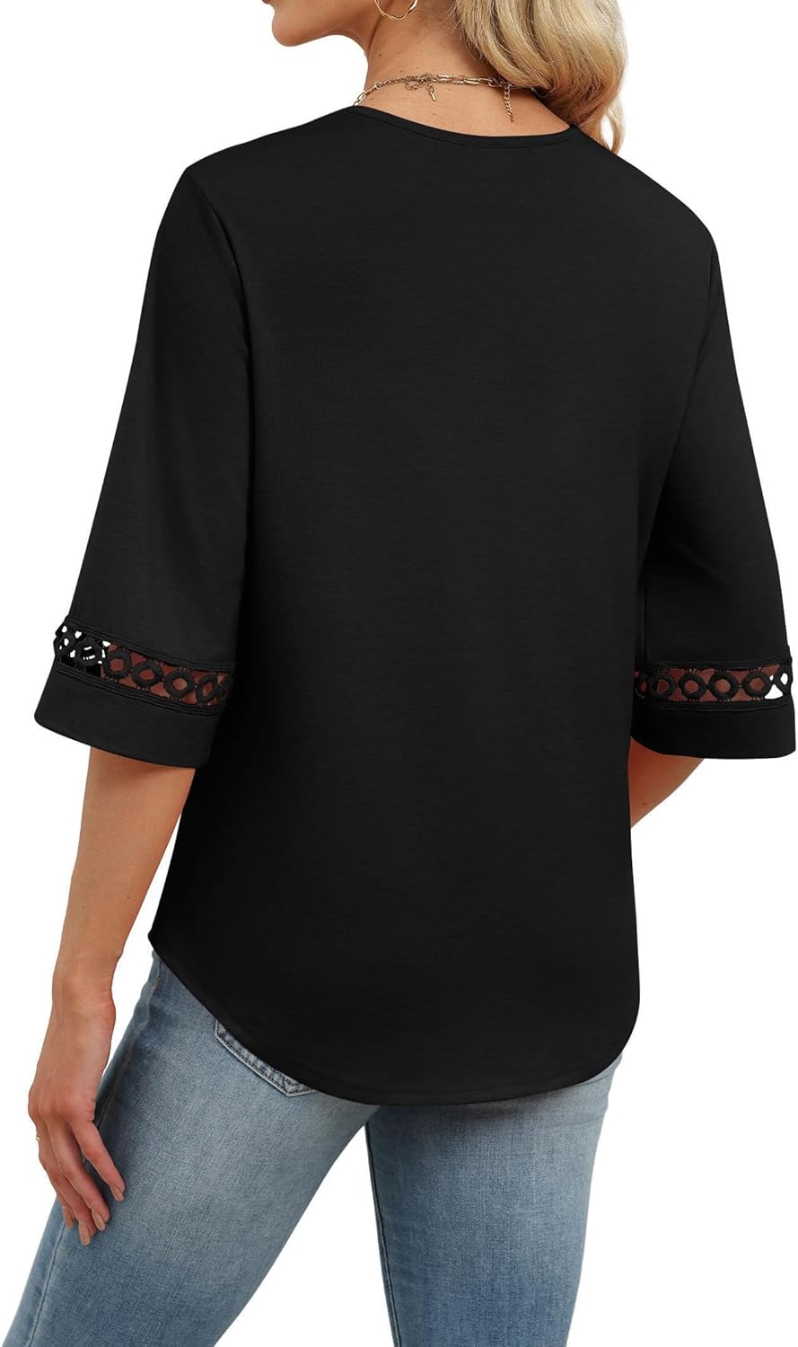Detalle de WIHOLL Women's Eyelet Lace V-Neck 3/4 Bell Sleeve Blouse – Dressy Casual Work Top
