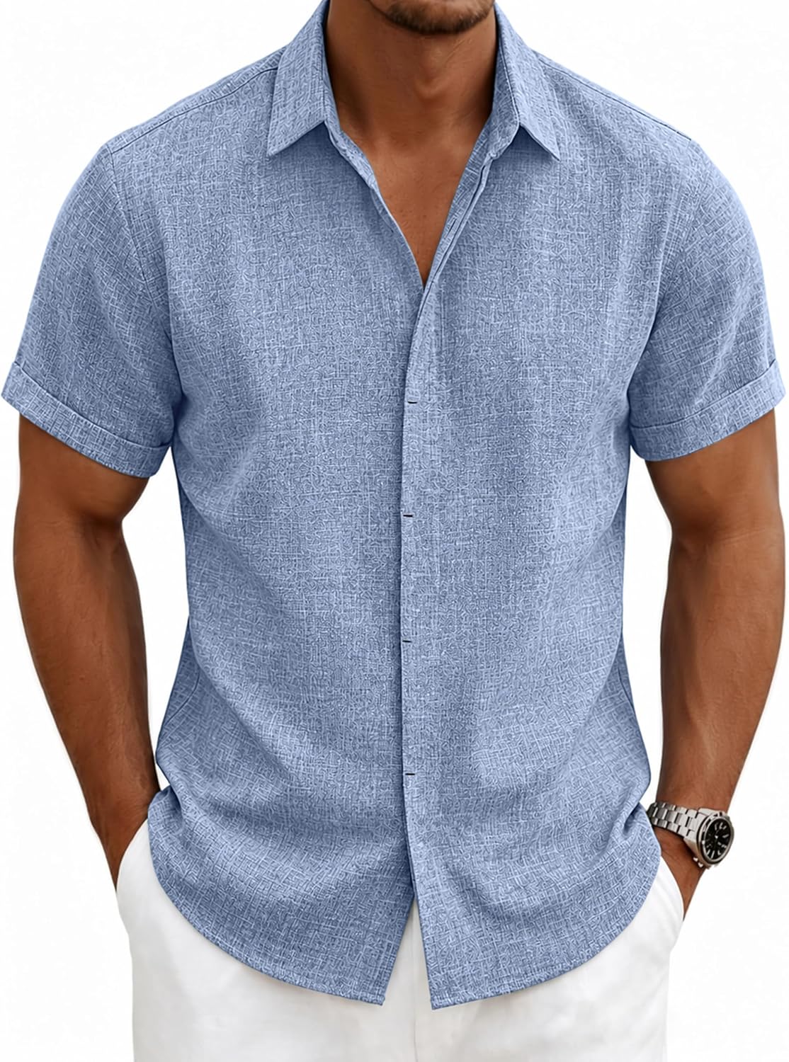 Detalle de Men's Linen-Blend Short-Sleeve Button-Down Shirt with Hidden Placket