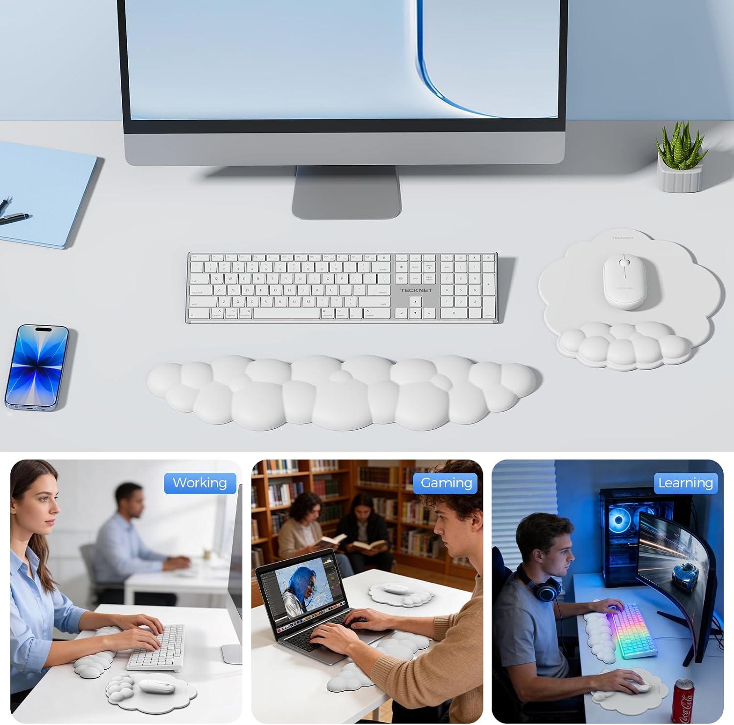 Detalle de TECKNET Keyboard and Mouse Mat Wrist Support Set with Memory Foam and PU Leather