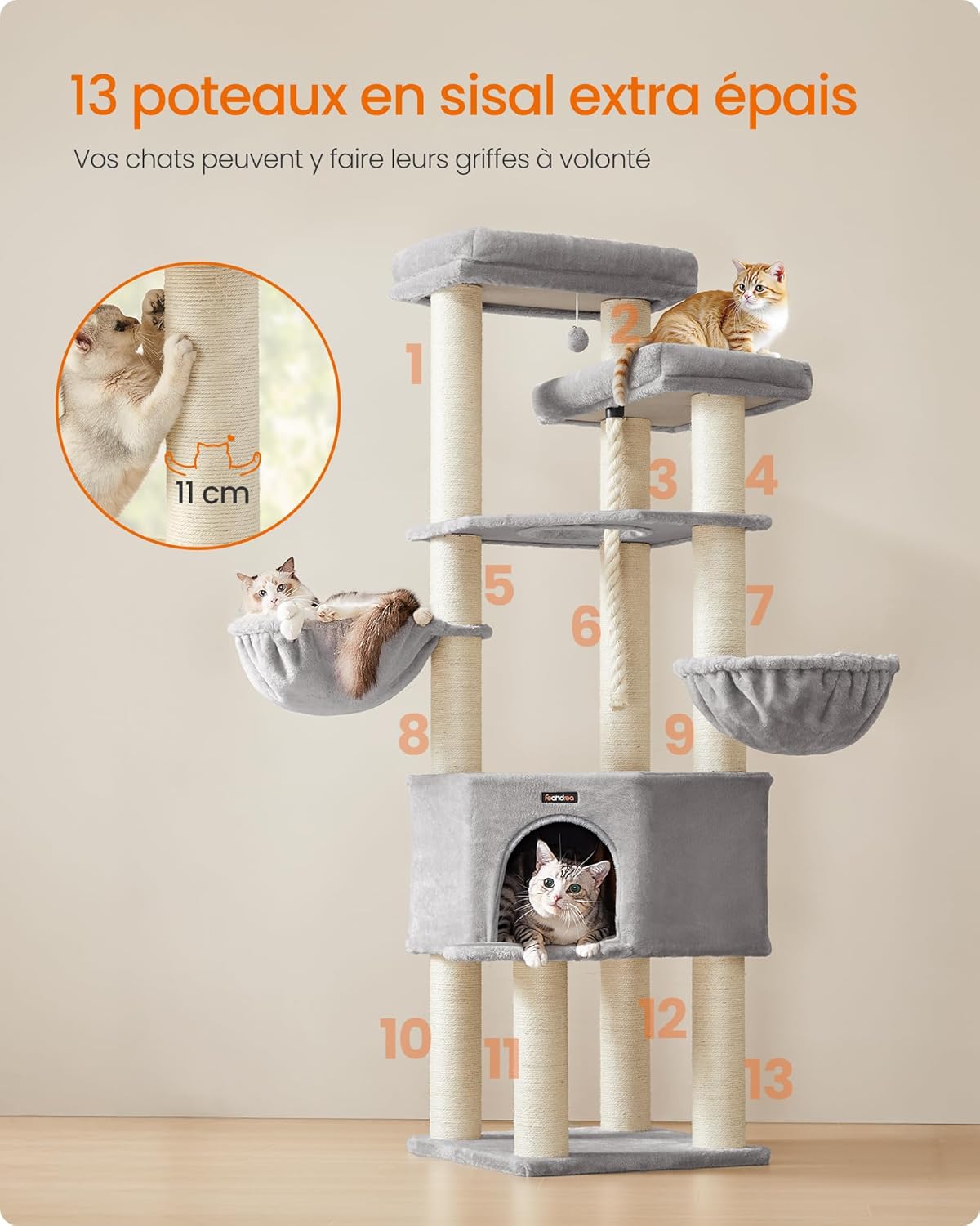Thumbnail 2 de Feandrea Grand Arbre à Chat – Tour de Jeux XXL à 5 niveaux, 13 poteaux en sisal 11 cm Ø, 186,7 cm