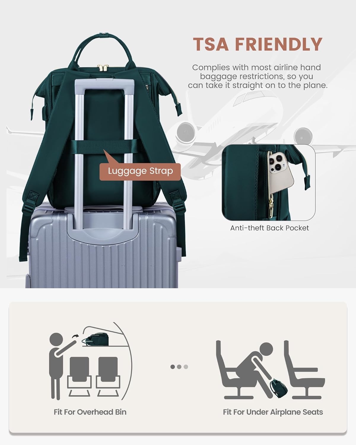 Thumbnail 6 de LOVEVOOK Women’s Laptop Backpack (17 inch) with USB Port and Anti-theft Zipper, Dark Green