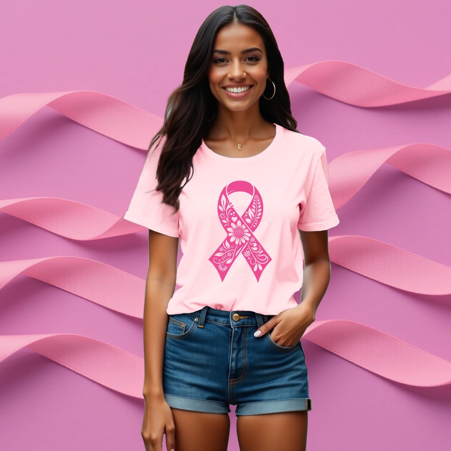Thumbnail 1 de Qskall Floral Ribbon Breast Cancer Tee for Women
