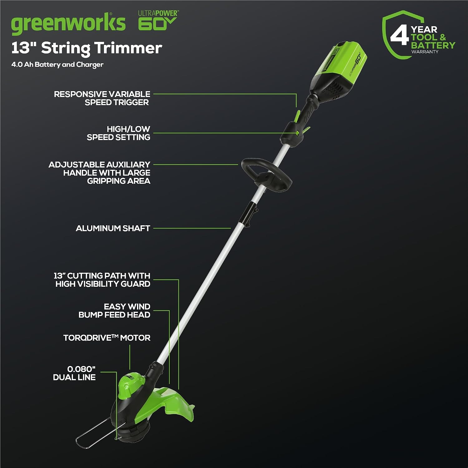 Detalle 2 de Greenworks String Trimmer and Blower Combo, 4.0 Ah Battery