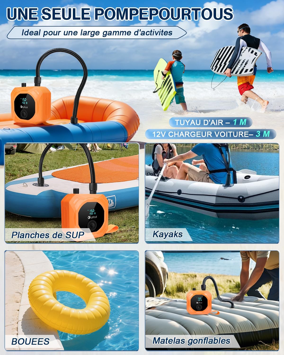 Detalle de Pompe SUP électrique 50 PSI Lytool, gonflage/dégonflage automatique (3 étages) avec batterie 12000 mAh et 12V DC