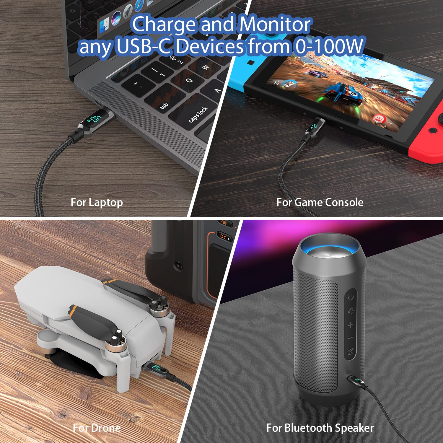 Detalle de SOOPII 100W USB-C to USB-C Cable with LED Power Display (6.6ft) for Laptops, Phones, and More