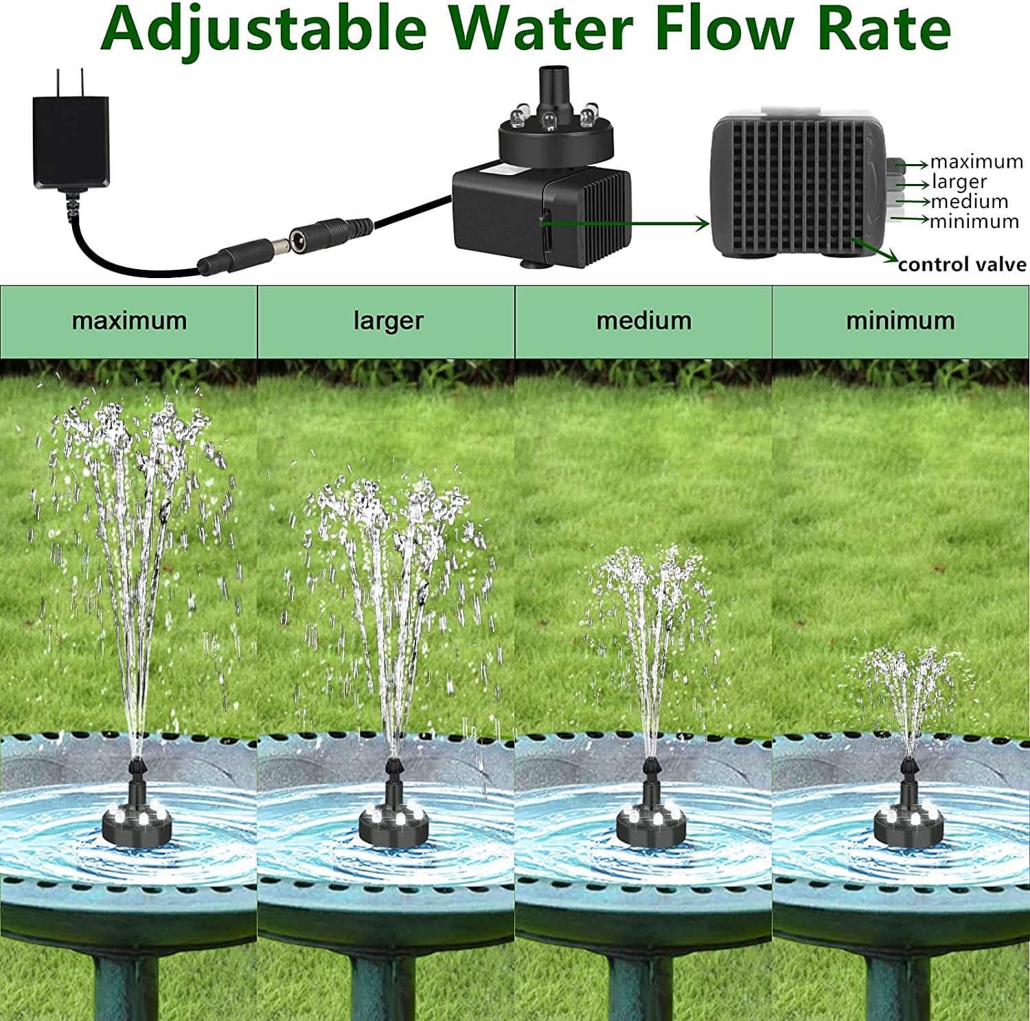 Thumbnail 3 de SZMP Springbrunnen & verstellbares Vogelbad mit bunten LED, 24 Stunden Betrieb, 7 Düsen (DC/12V)