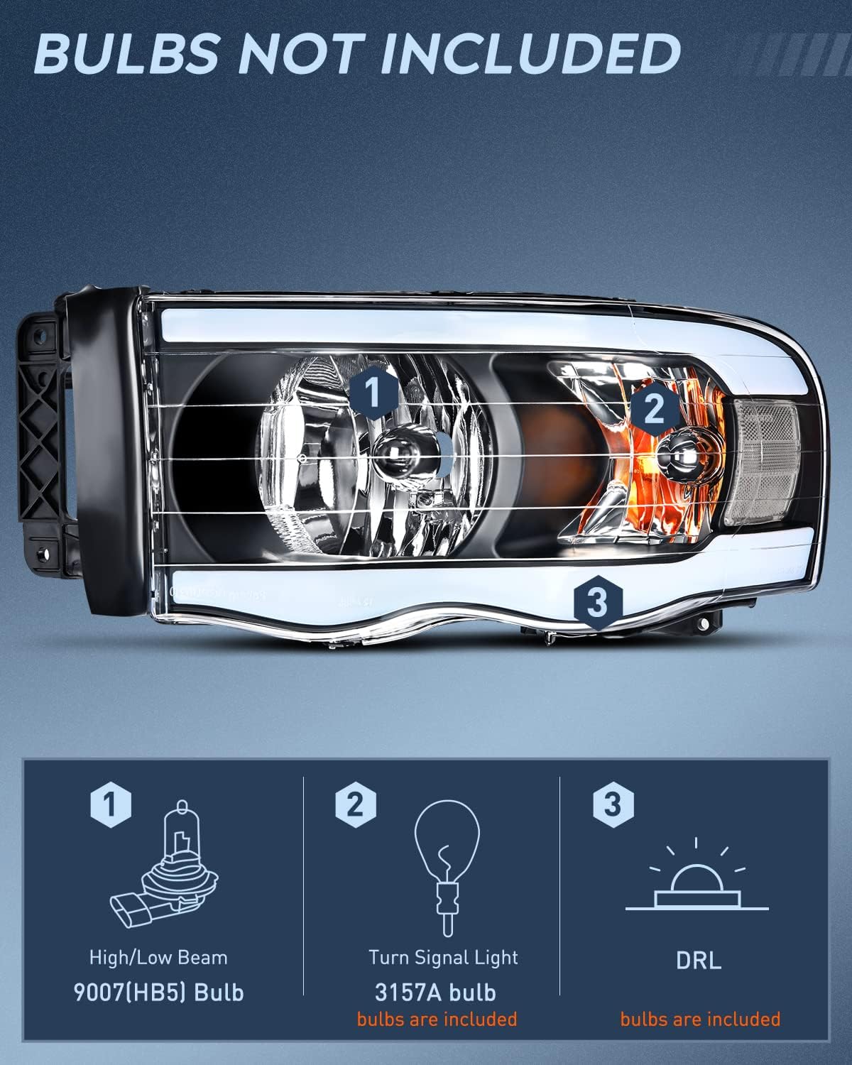 Thumbnail 1 de Nilight LED DRL Headlight Assembly (Black Housing + Clear Reflector) for 2002–2005 Dodge Ram 1500/2500/3500