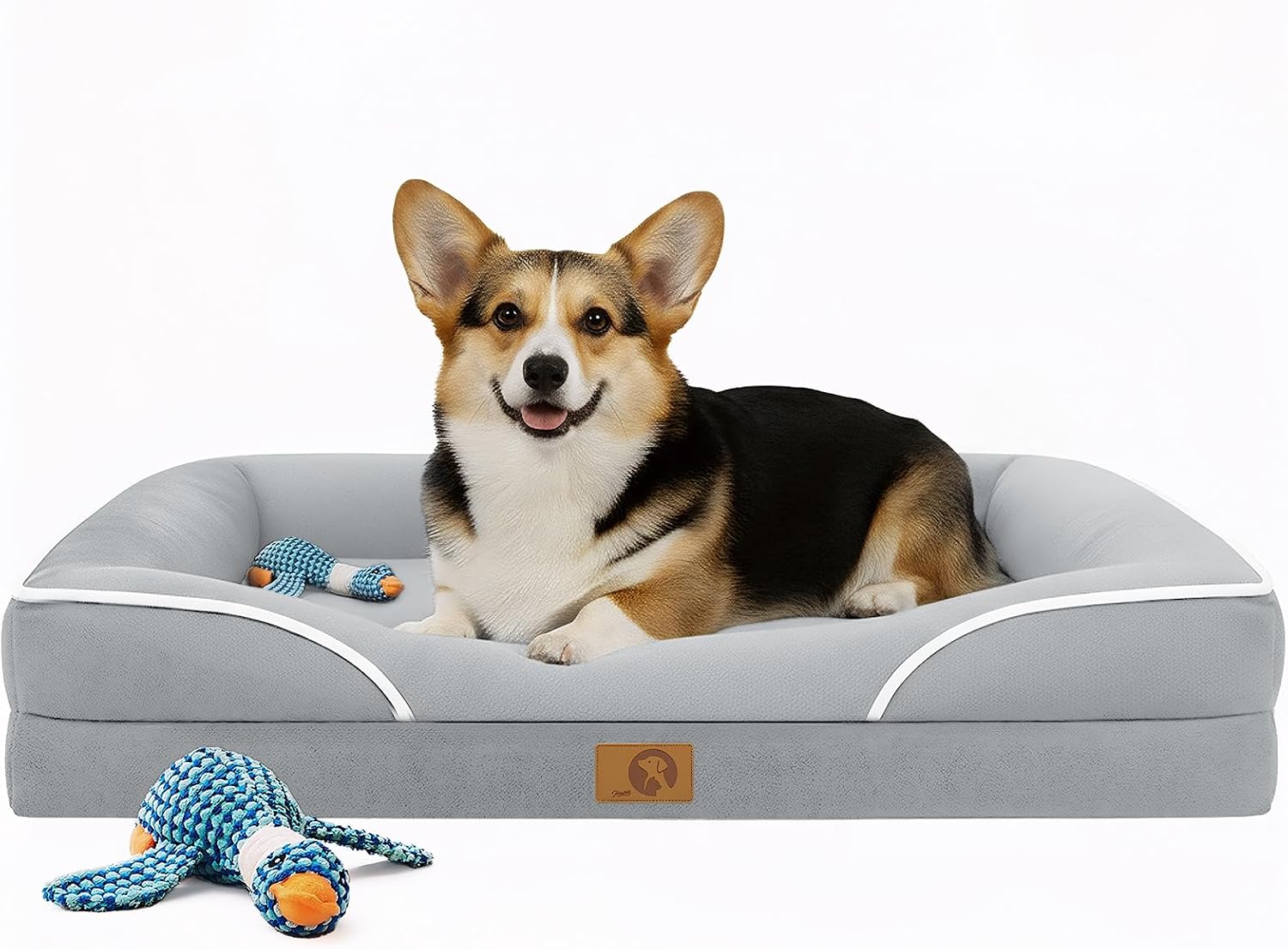 Detalle de L'AGRATY Orthopedic Large Dog Bed – Waterproof Memory Foam Sofa with Sides and Removable Corduroy Cover (Grey)