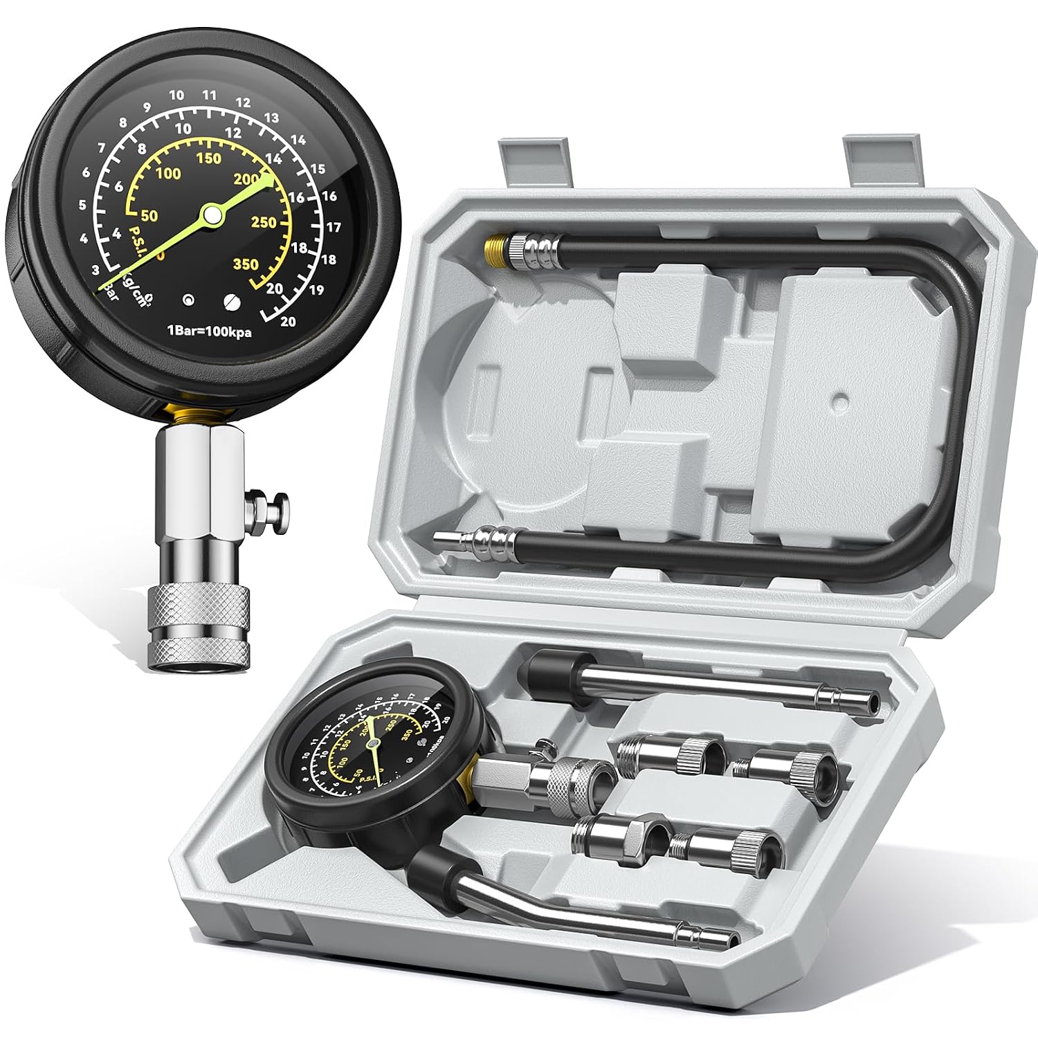 Detalle de AUTOWN DIS-202GY Compression Tester Kit, 300 PSI Triple-Scale Gauge