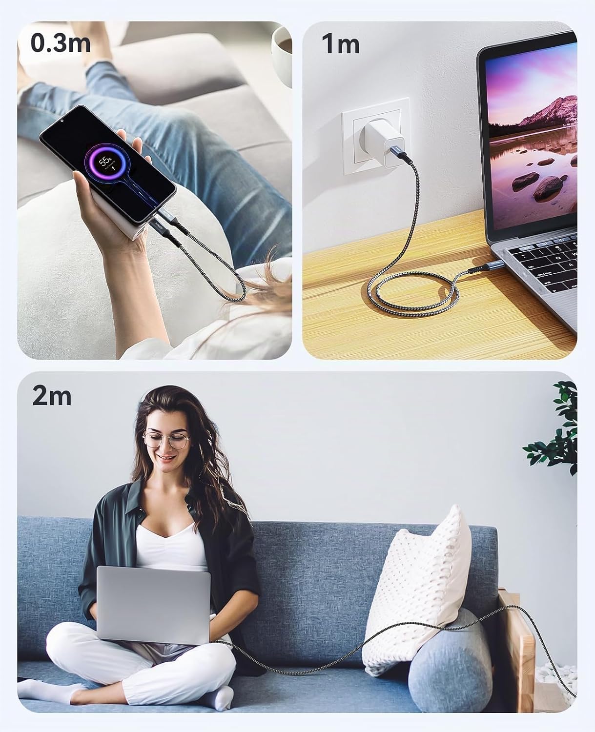Detalle de Nimaso USB C auf USB C Kabel 1M Packung (3 Stück) – PD 60W Schnellladen & Datenübertragung