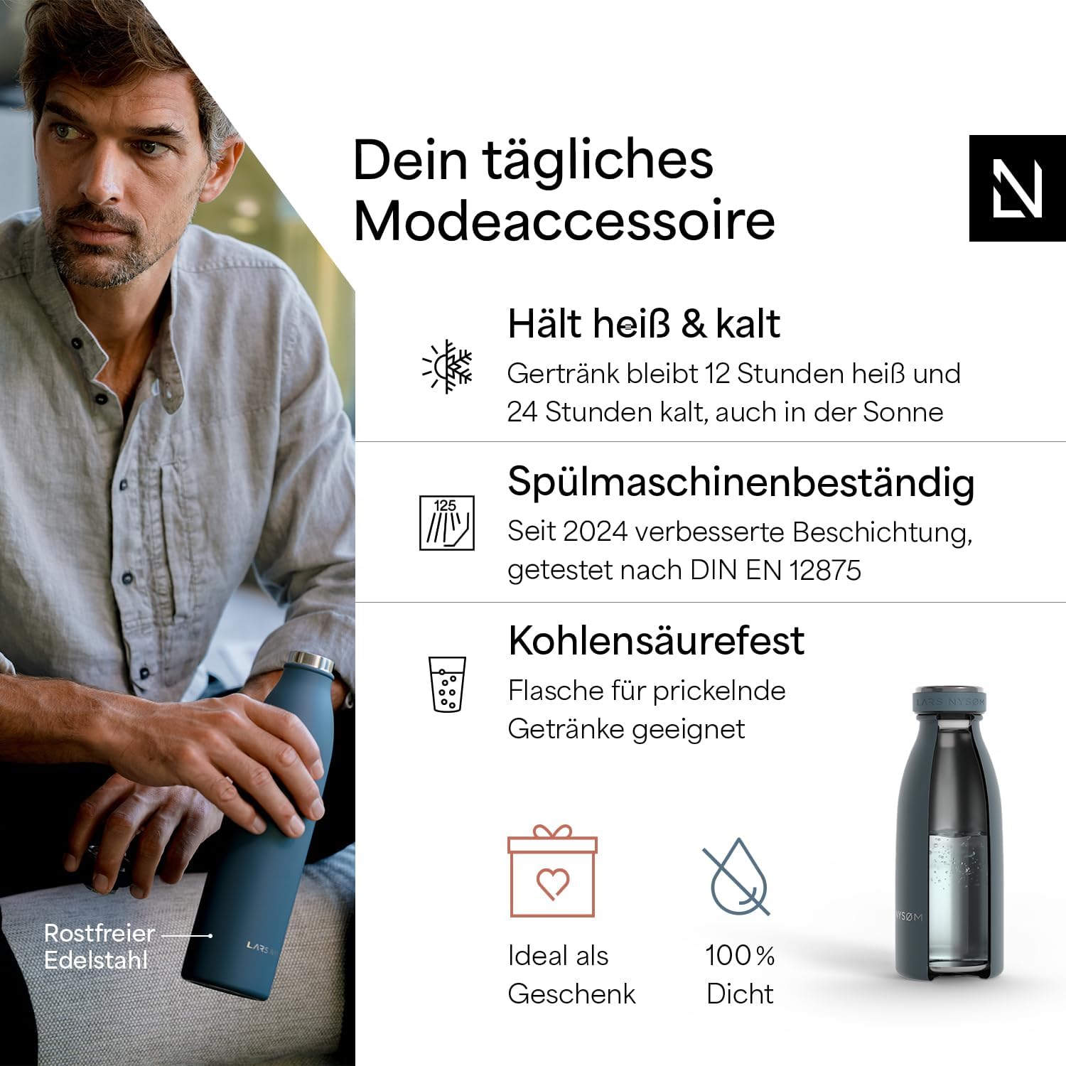 Detalle de LARS NYSØM Edelstahl-Trinkflasche Ren (1.000 ml) – 18/8 Stahl, auslaufsicher, kohlensäuregeeignet