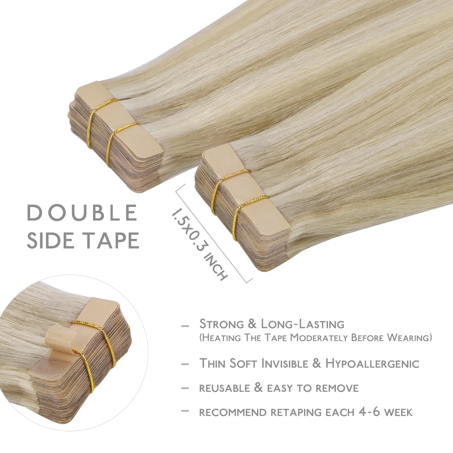 Detalle de WENNALIFE Tape Extensions aus Remy-Echthaar, 20 Stk. (50 g), 35 cm – Aschblond bis Platinblond