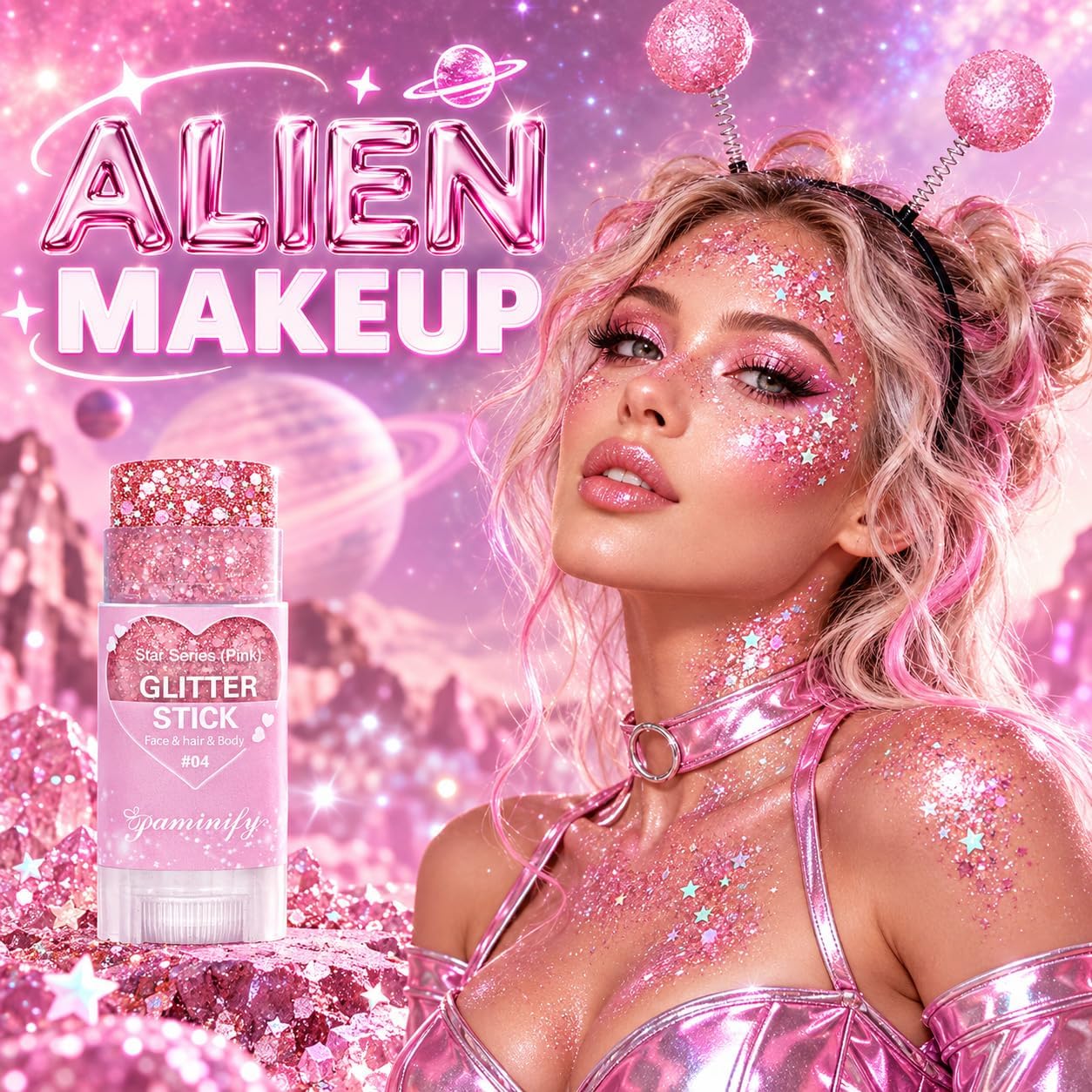 Detalle de paminify Pink Glitter Stick for Hair, Face, and Body, Waterproof Hexagonal Sparkle