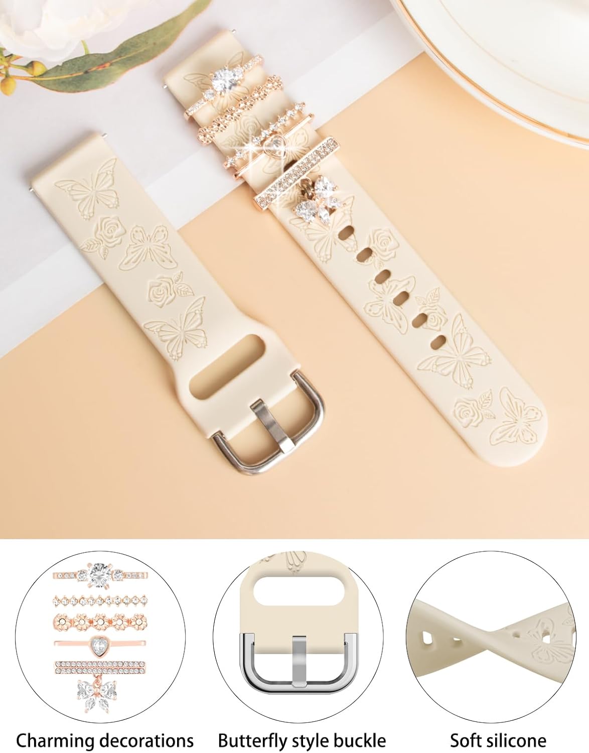 Thumbnail 3 de Vozehui Engraved Strap for Samsung Galaxy Watch Series (40mm/44mm) – Soft Silicone with Flower Design and 20mm Lug Width