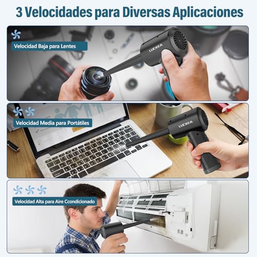 Detalle de LUCKEA Air Duster, soplador para PC con 3 velocidades, luz LED y batería de 6000 mAh