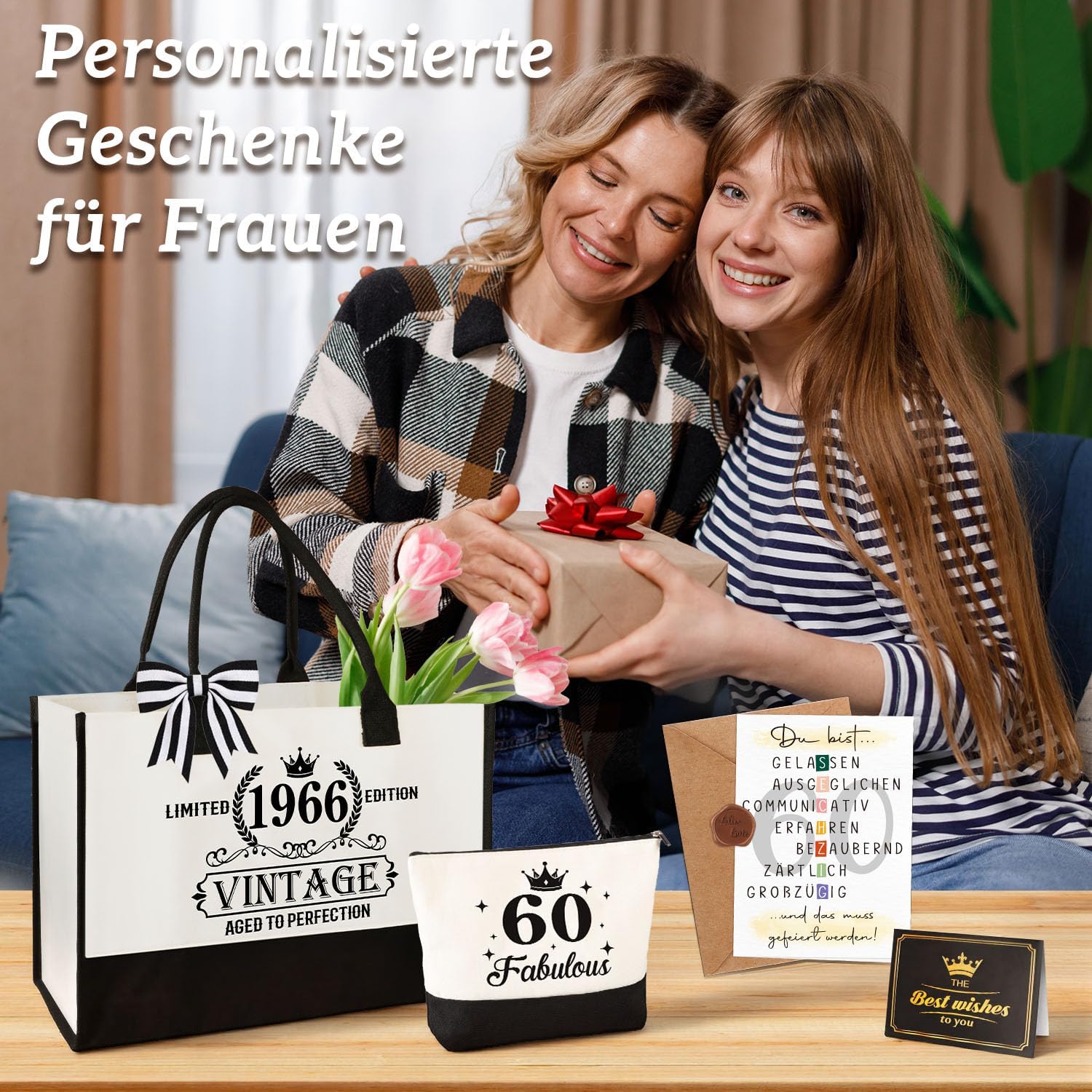 Thumbnail 5 de Giftota 60. Geburtstag Geschenk für Frauen: Vintage 1966 Canvas-Einkaufstasche-Set mit Kosmetiktasche & Grußkarte
