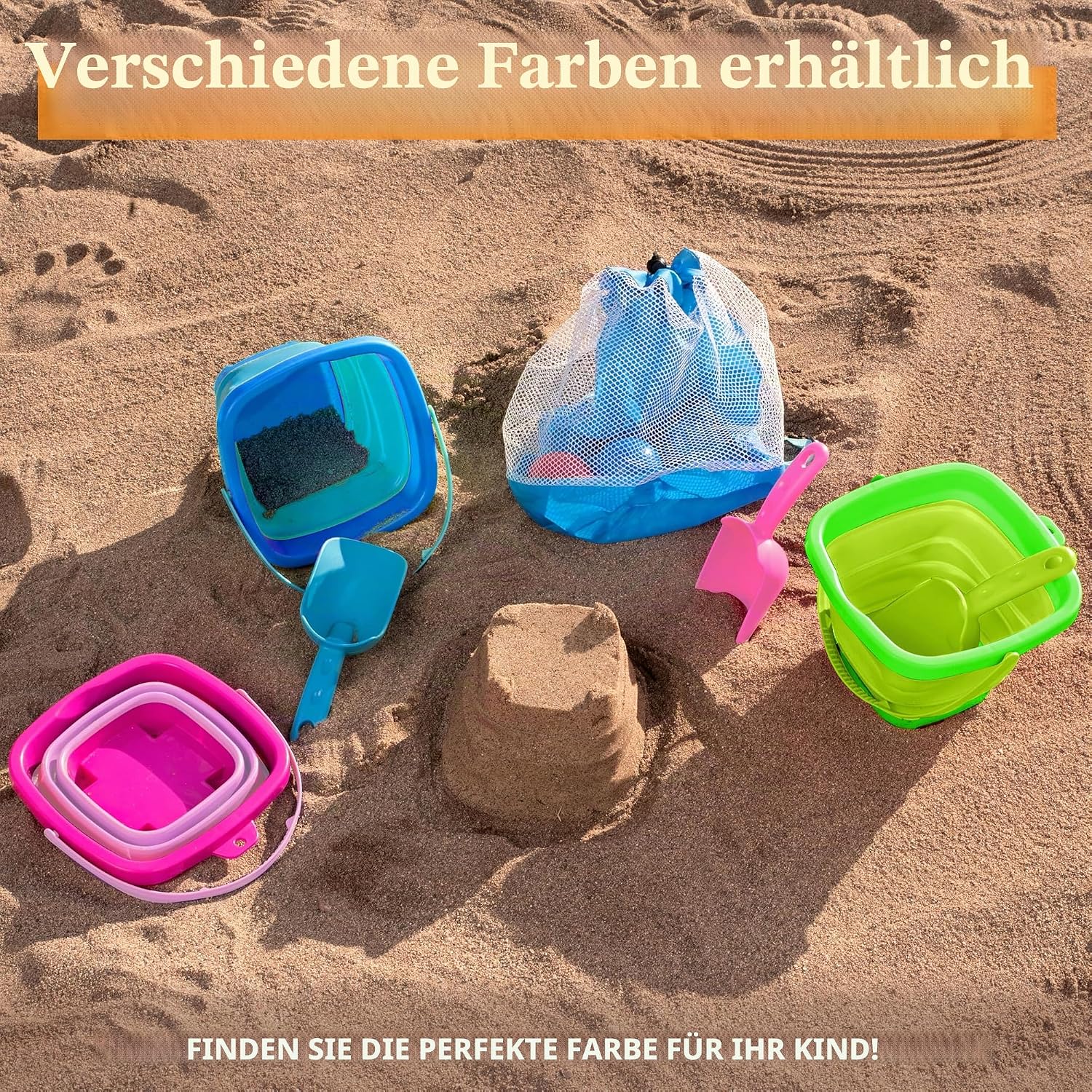 Detalle de Sloosh 3er Pack faltbare Eimer mit Schaufeln – quadratische Sandkasten-Container blau/rosa/grün
