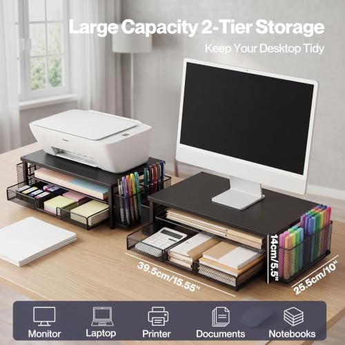 Detalle de Levede Black Metal Monitor Riser with Three-Section Drawer and Pen Holders