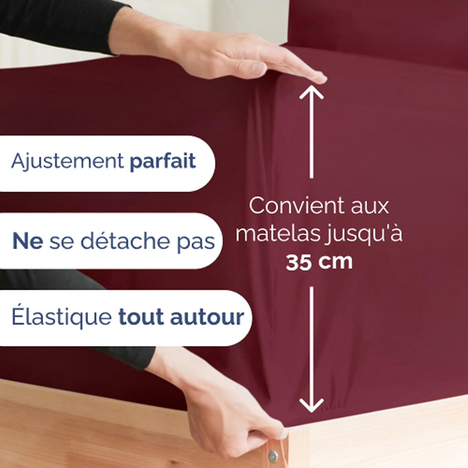 Detalle de Ensemble de draps CGK Unlimited 4 pièces Bourgogne : drap plat, drap-housse 180x200 et 2 taies 50x80