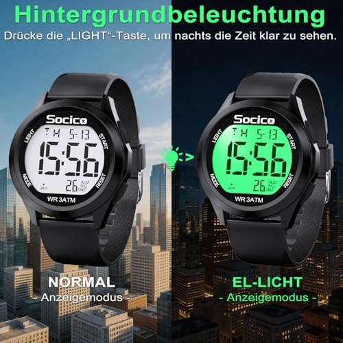 Detalle de SOCICO Herren Digitaluhr 30M – robuster Militär-Style, großes Display, LED-Alarm