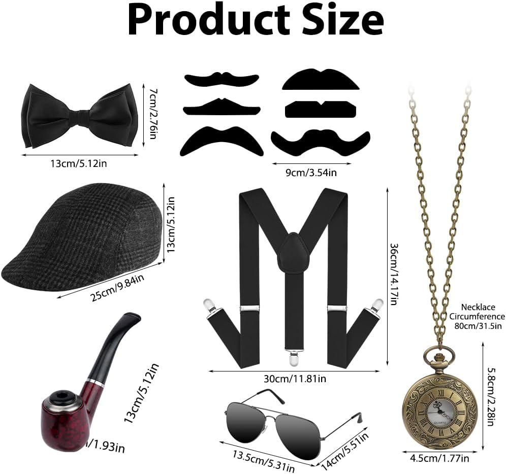 Thumbnail 4 de ACWOO 20er Jahre Kostüm-Accessoires Set für Herren (Mafia): Hut, Taschenuhr, Hosenträger, Fliege, Brille & mehr