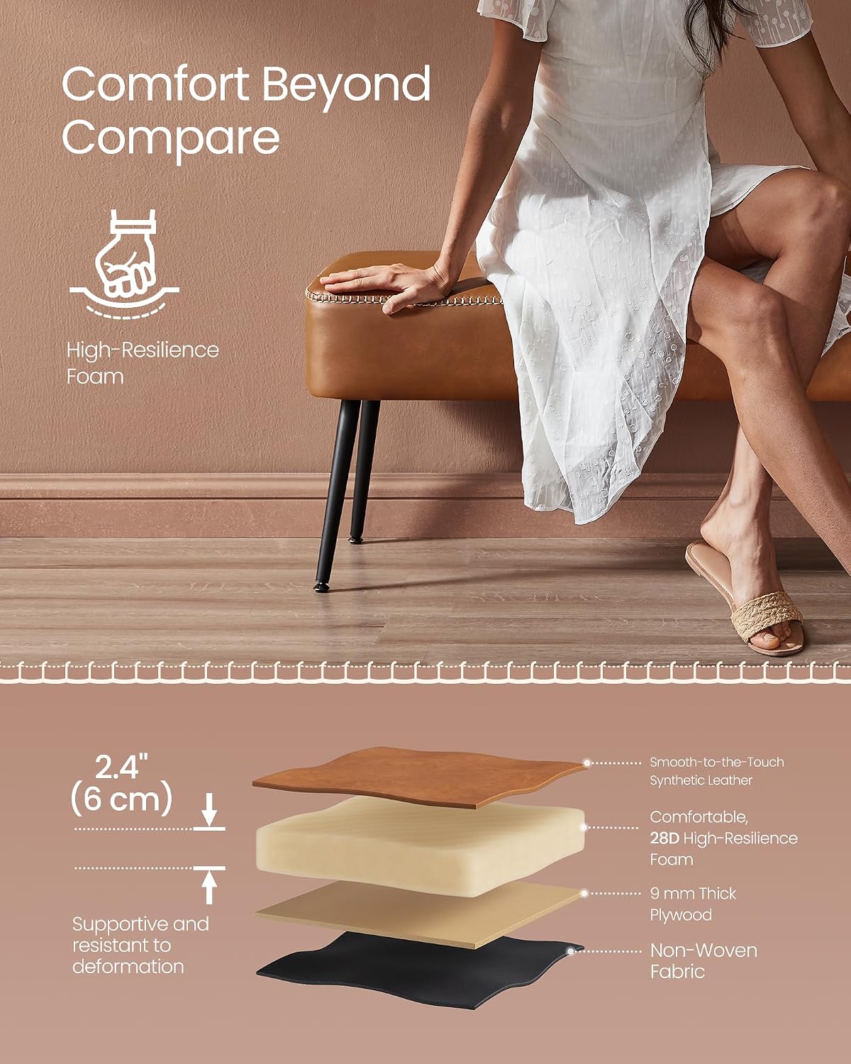 Thumbnail 6 de VASAGLE EKHO ULOM076K01 Upholstered Bench, Caramel Brown, Steel Legs