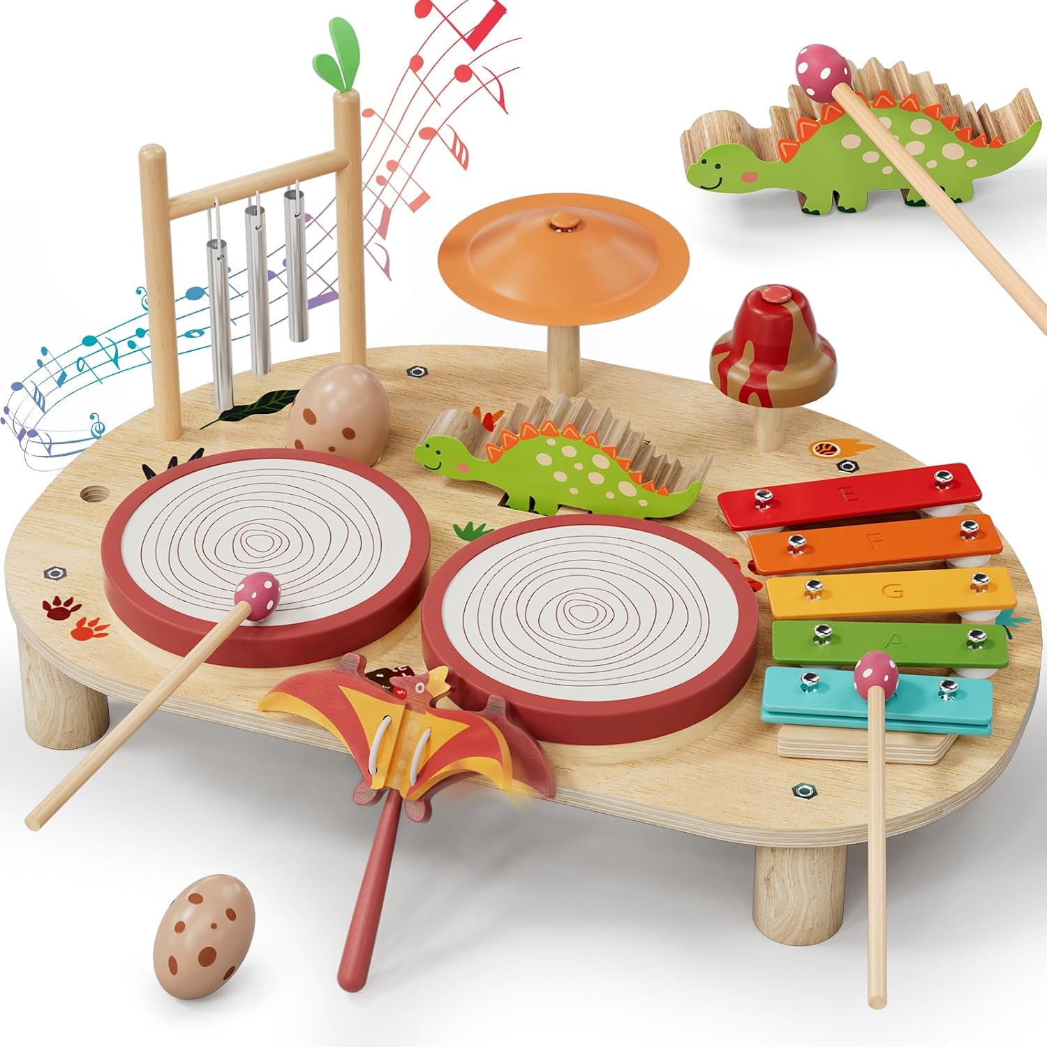 Lehoo Castle 8‑in‑1 Musikinstrumente Tisch für Kleinkinder (1–3 Jahre) – Holz-Dinosaurier, Montessori‑Lernspielzeug